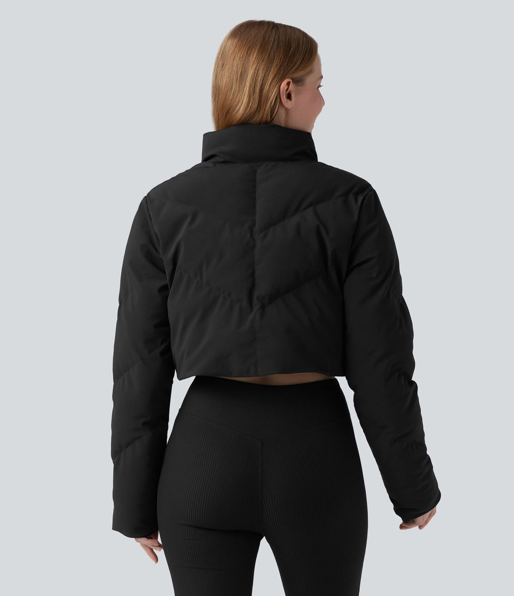 PuffFlex Manteau doudoune 3-en-1 court casual à col montant et veste à ourlet arrondi avec passants pouces et poche