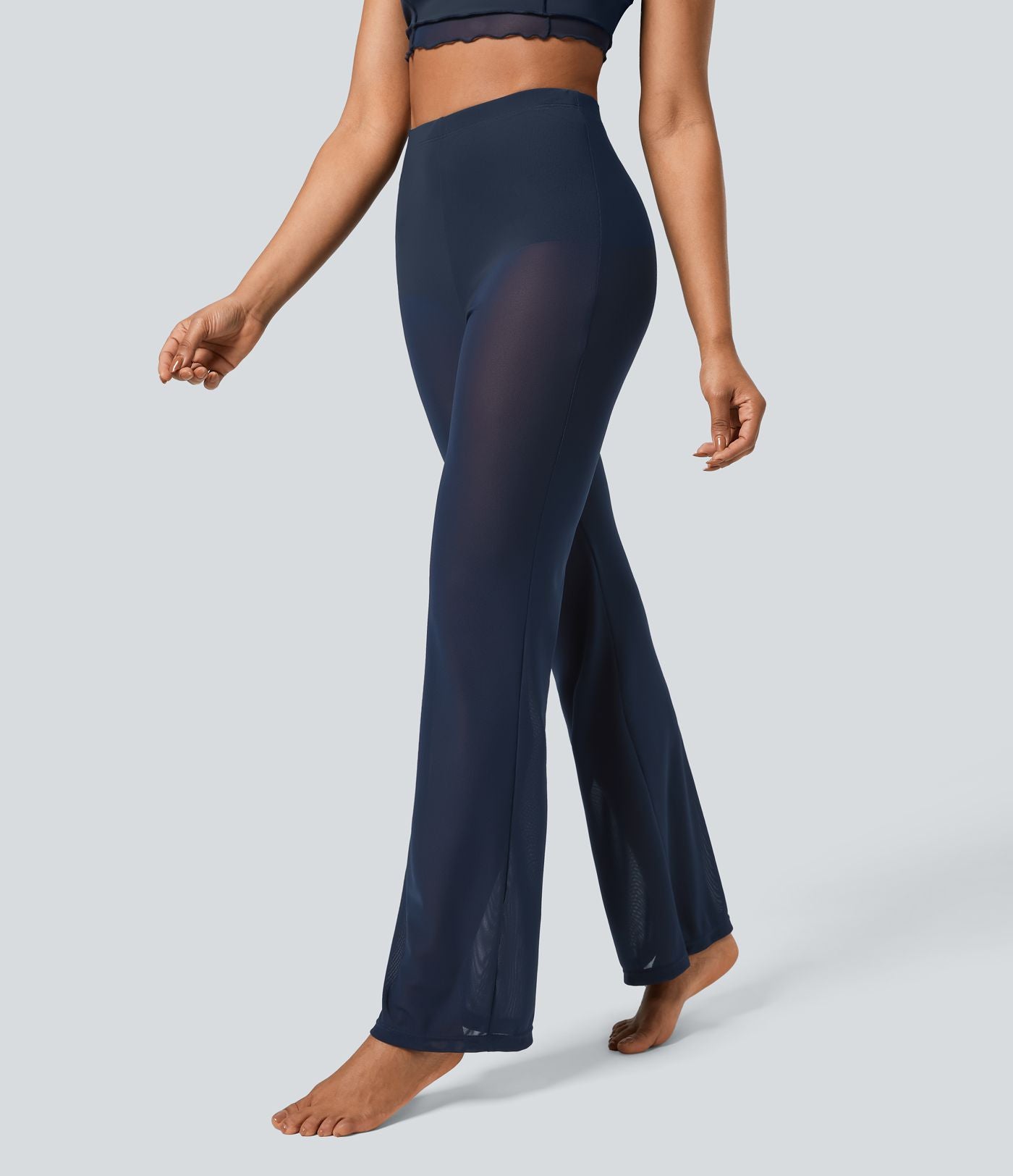 Pantalon Évasé de Danse 2 en 1 en Maille Transparente Taille Haute