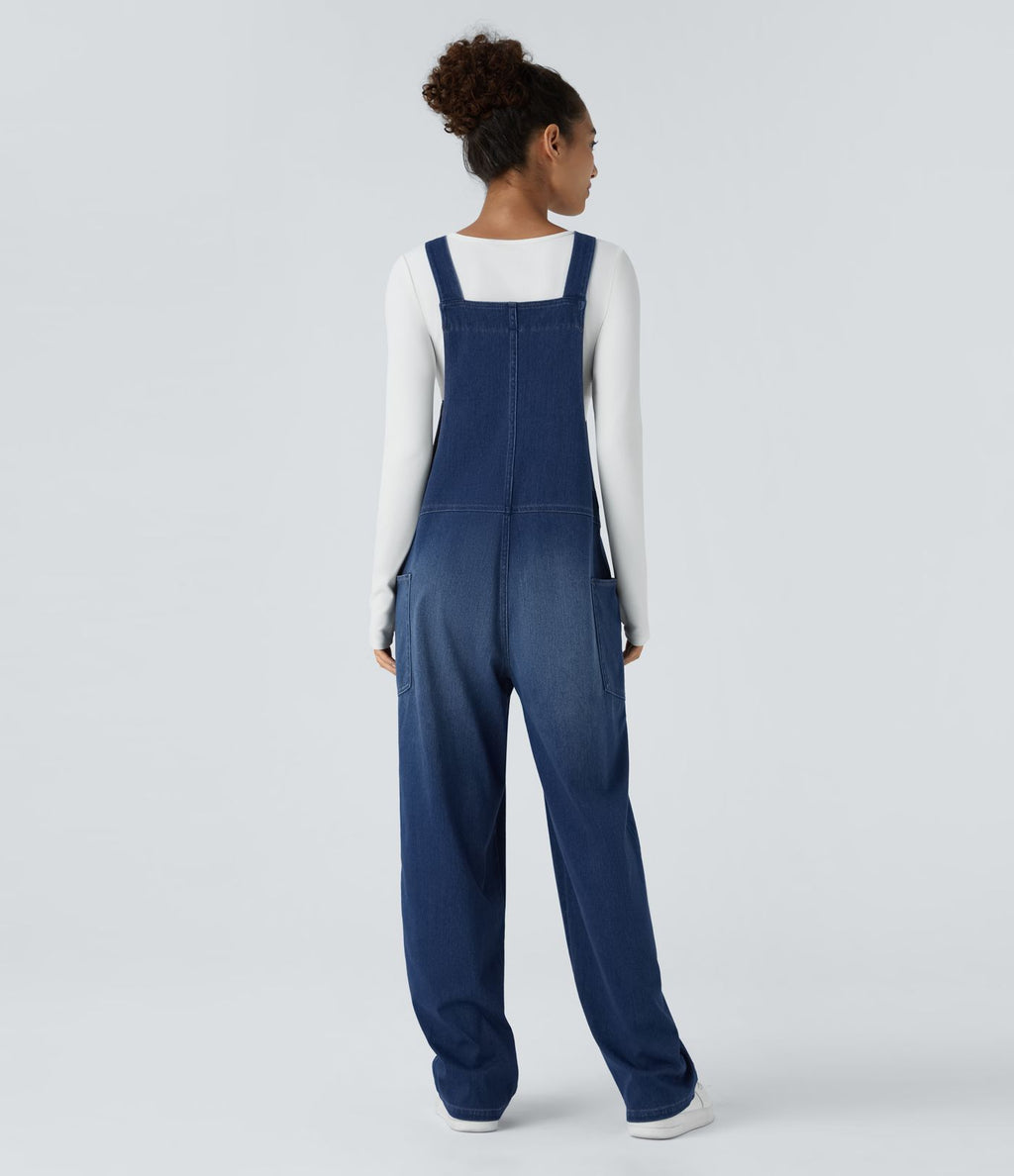 Salopette décontractée Halara Flex™ en denim extensible délavé, col V et poches latérales