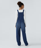 Salopette décontractée Halara Flex™ en denim extensible délavé, col V et poches latérales