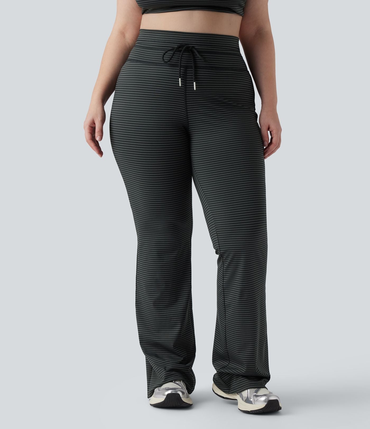 Pantalon de yoga grande taille ample taille haute à cordon, rayé, avec poches