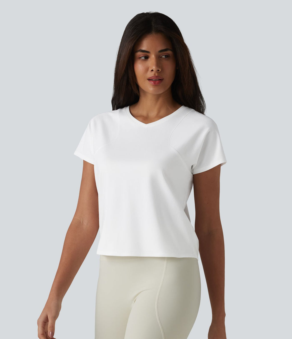 Haut de sport décontracté en coton à manches courtes et col raglan, style yoga, coupe ample, col en V