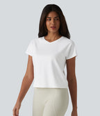 Haut de sport décontracté en coton à manches courtes et col raglan, style yoga, coupe ample, col en V