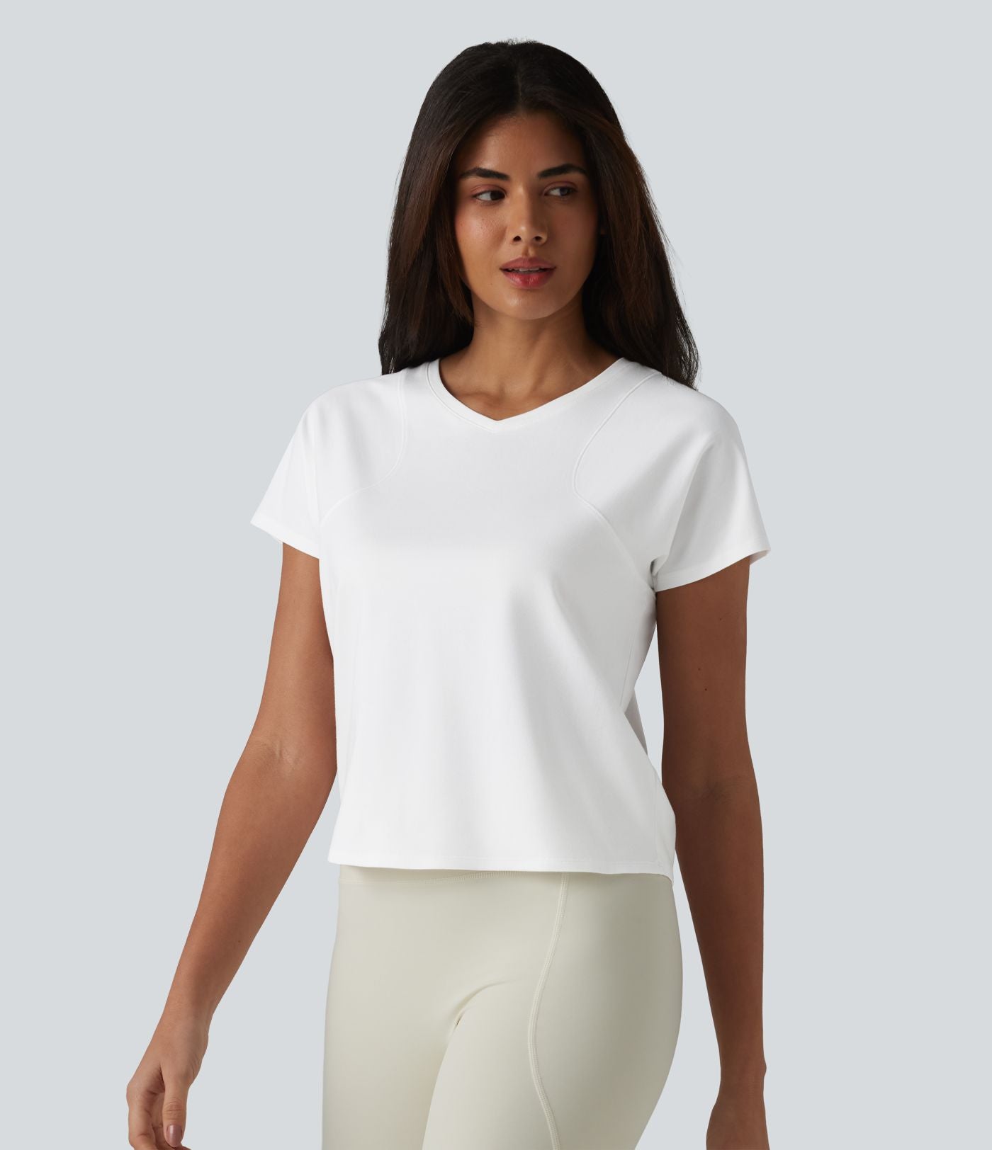 Haut de sport décontracté en coton à manches courtes et col raglan, style yoga, coupe ample, col en V