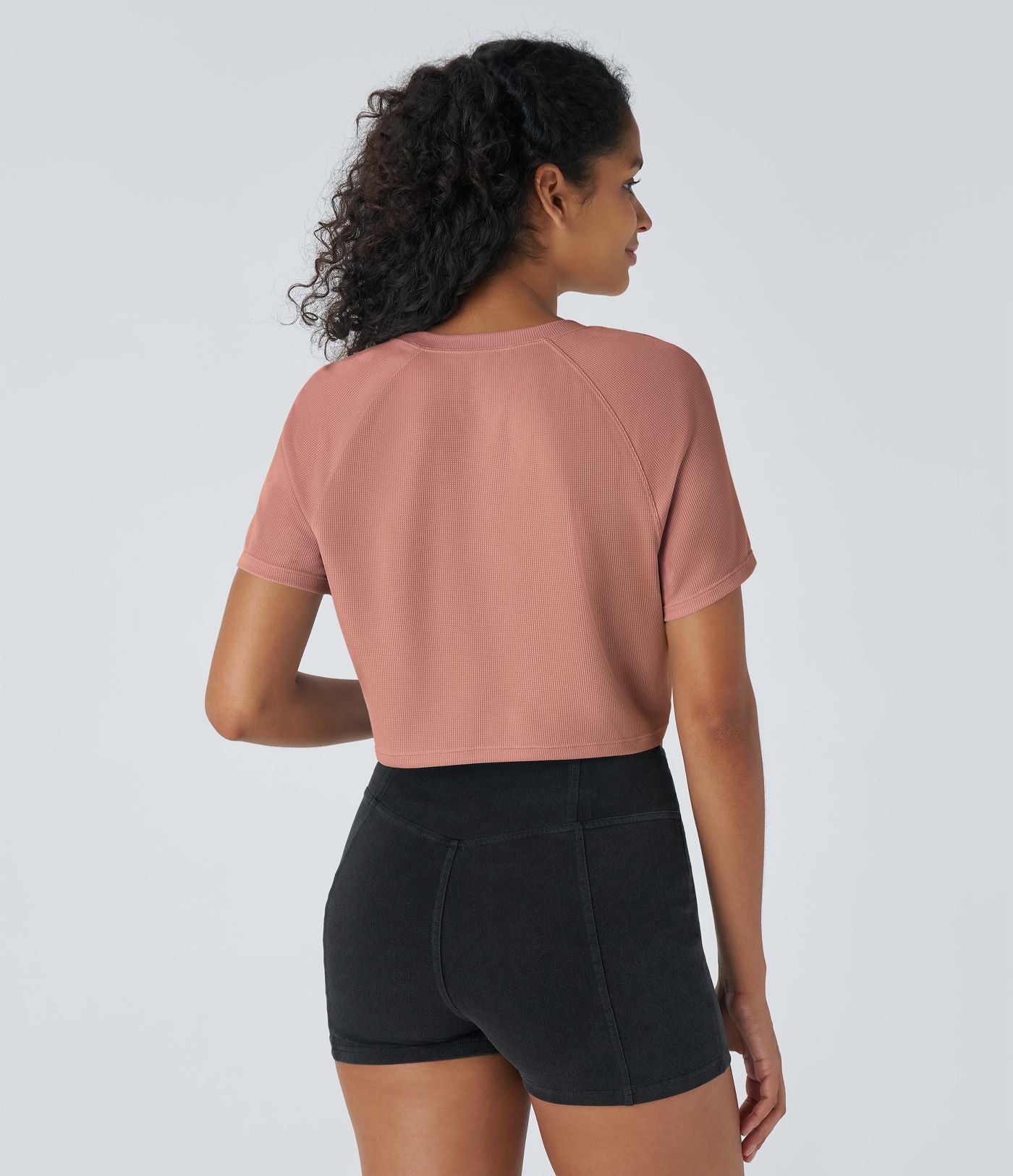 T-shirt Casual Court Tissu Gaufré Uni à Manches Raglan