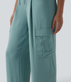 Pantalon cargo casual coupe droite taille mi-haute aspect lin à cordon de serrage avec poches
