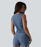 Gilet denim décontracté Halara Flex™ décolleté V profond boutonnage rayé