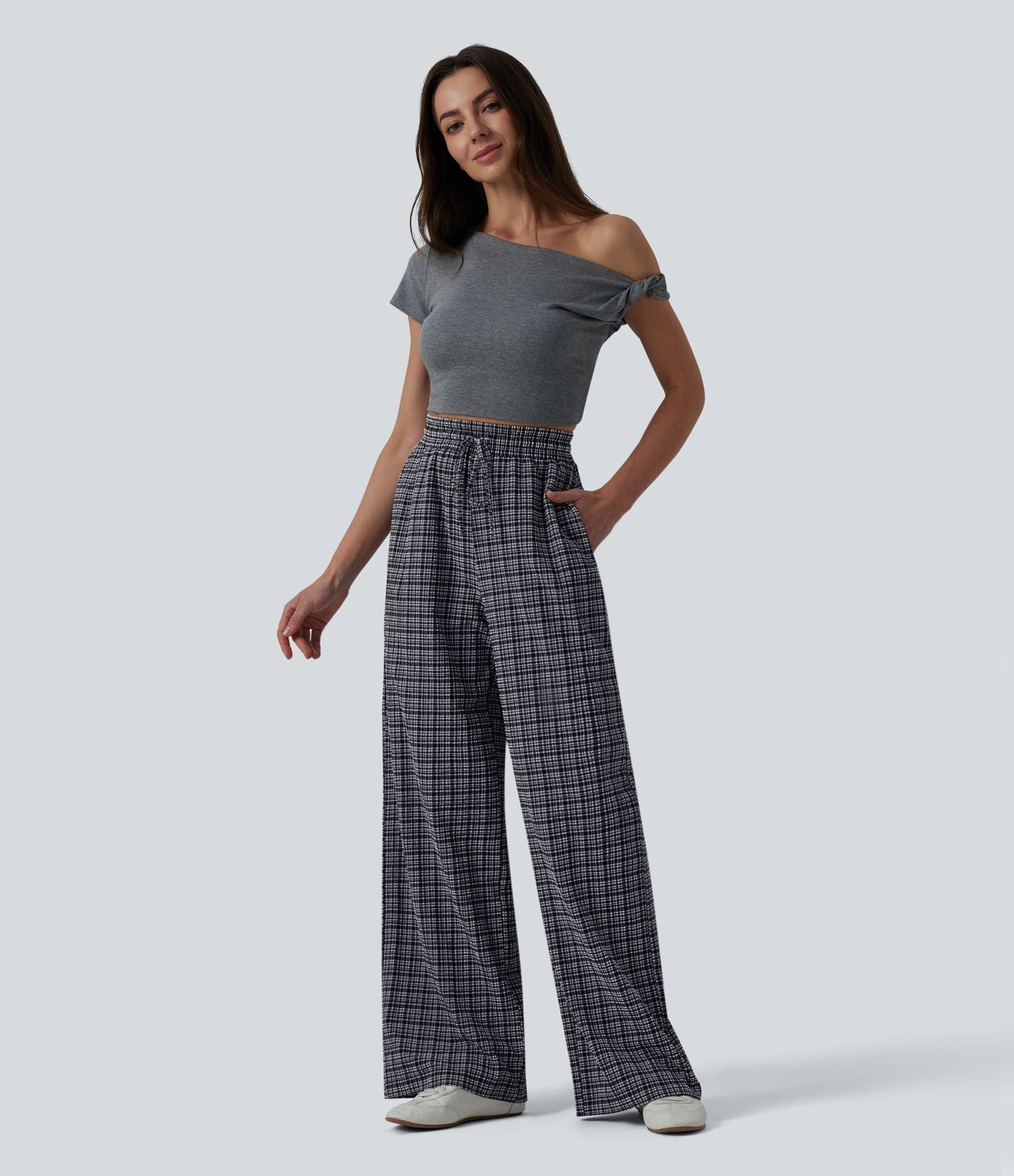 Pantalon large casual taille haute carreaux froissés à séchage rapide avec cordon de serrage et poches zippées