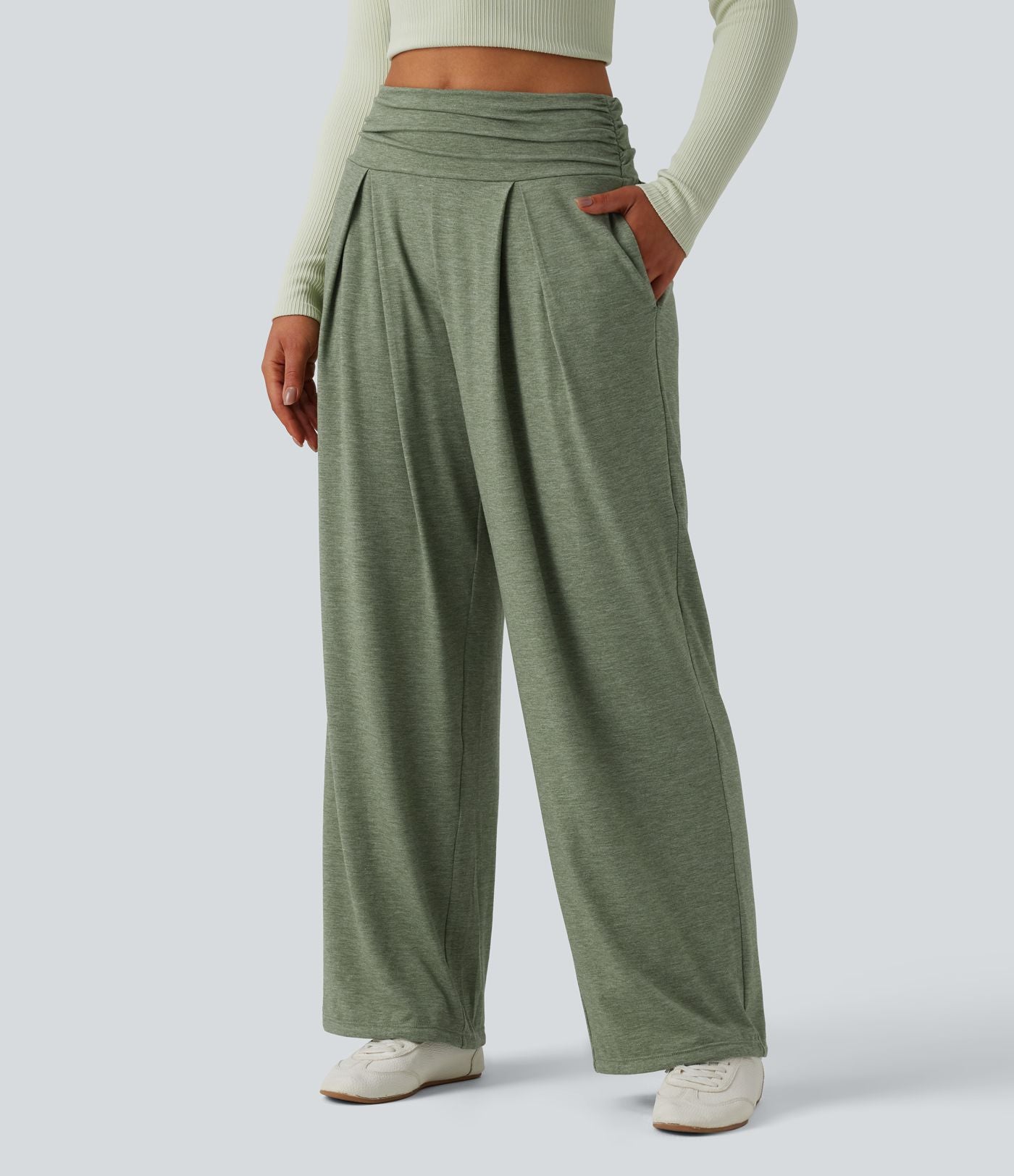 Pantalon de yoga chiné froncé taille haute avec poches