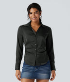 Chemise décontractée ajustée col V manches longues ourlet arrondi