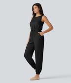 Combinaison casual col rond sans manches avec cordon de serrage, aspect lin et poches