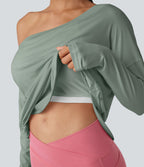 Top de sport yoga une épaule séchage rapide ourlet arrondi asymétrique manches longues avec trous pouces - Brassière intégrée