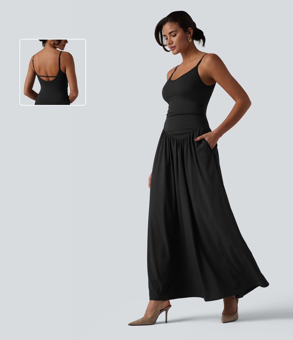Robe nuisette maxi fluide Breezeful™ à séchage rapide dos nu avec bretelles ajustables, fronces et brassière intégrée - Demoiselle d'honneur et invitée de mariage