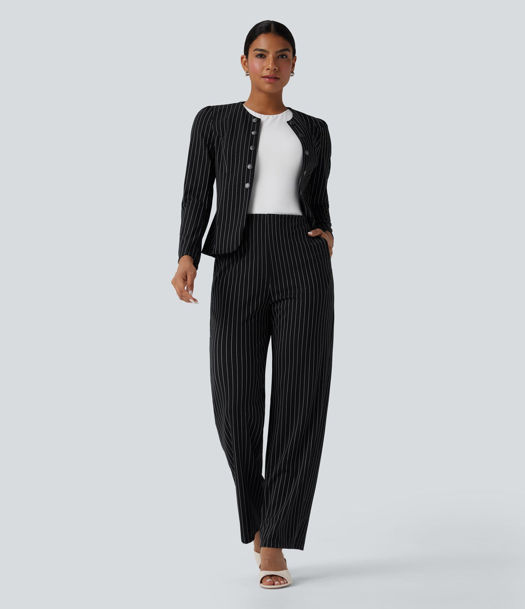 Pantalon tailleur rayé taille haute jambe droite avec poches