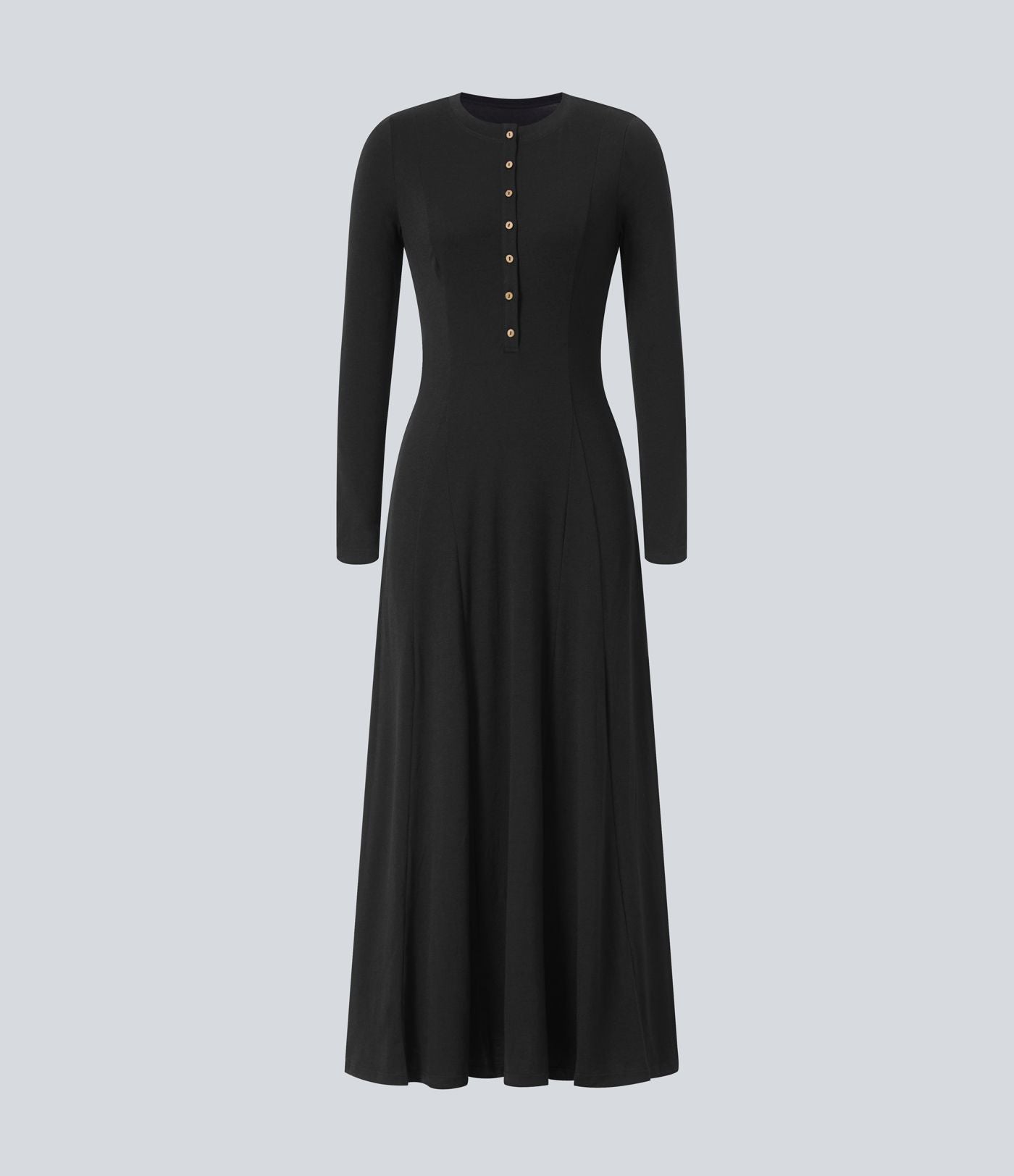 Robe de Casual Maxi Manches Longues Évasées et Boutons au Col Rond