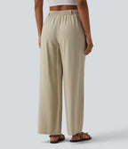 Pantalon large décontracté taille haute aspect lin avec poches