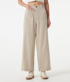 Pantalon large casual taille haute toucher lin avec poches