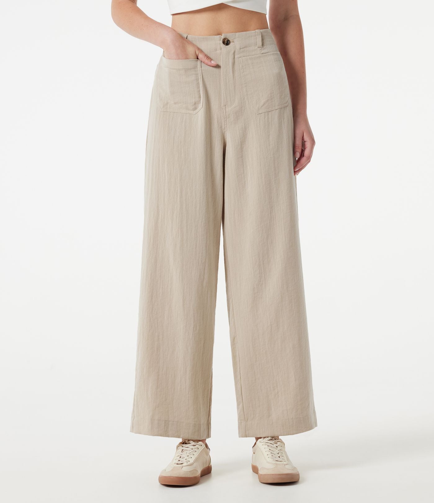 Pantalon large casual taille haute toucher lin avec poches