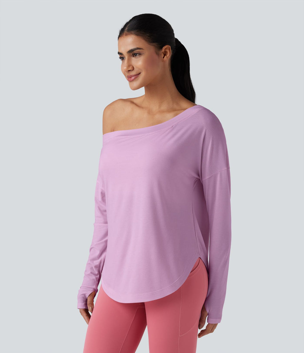 Top de sport yoga une épaule séchage rapide ourlet arrondi asymétrique manches longues avec trous pouces - Brassière intégrée
