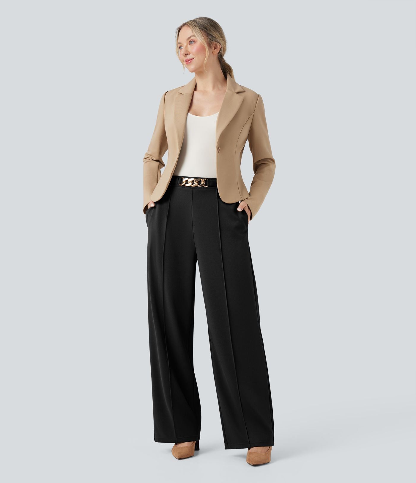 Pantalon de travail coupe droite taille haute avec chaîne métallique avec poches