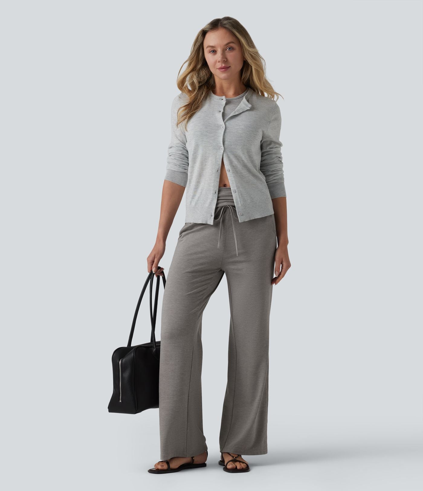 Pantalon casual évasé chiné taille mi-haute à ceinture rabattable, fronces et cordon de serrage avec poches