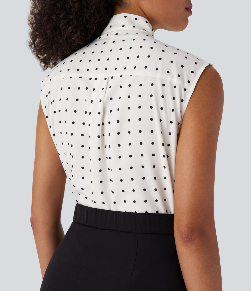 Chemise de travail sans manches à pois avec nœud devant