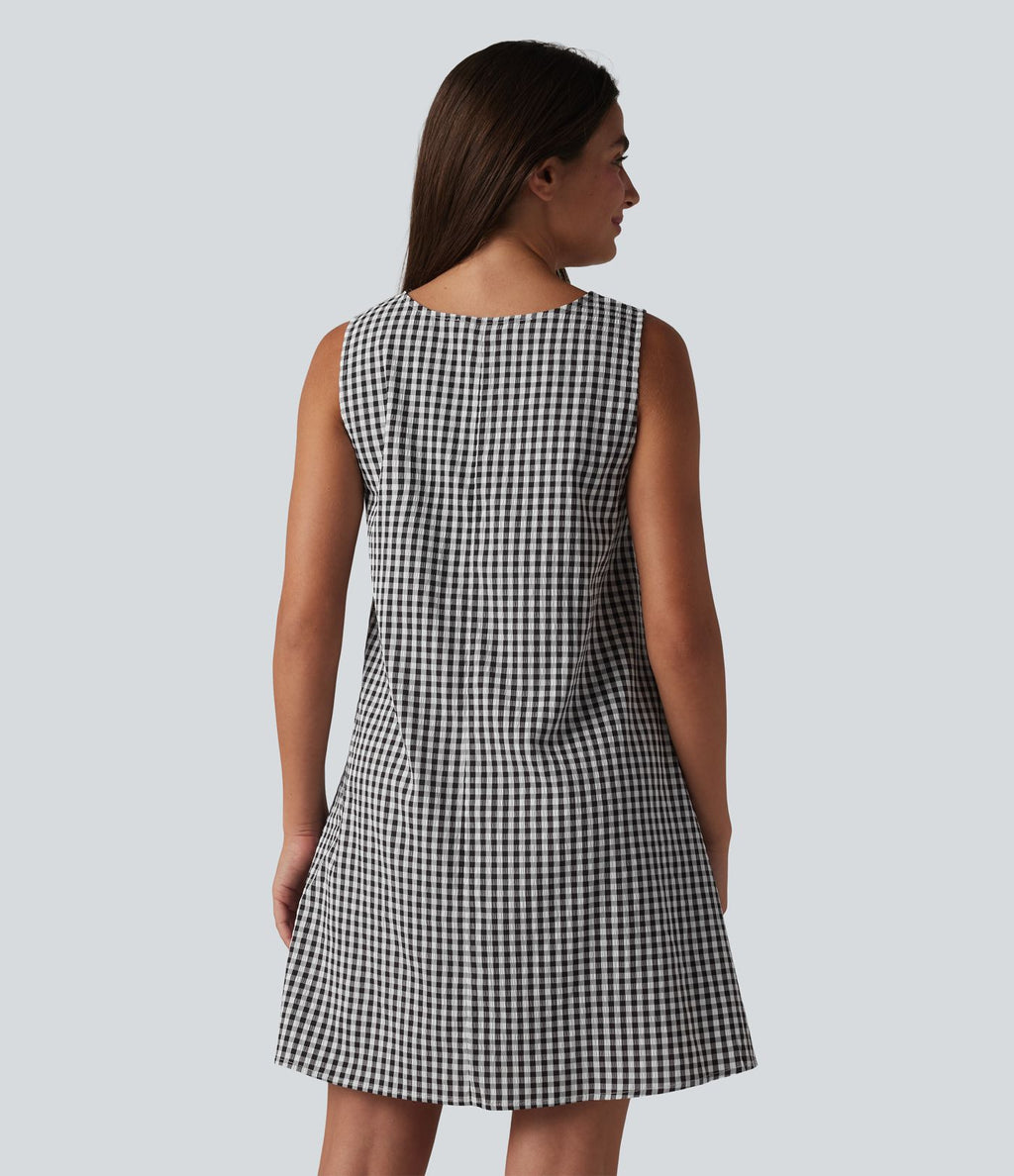 Robe débardeur mini décontractée col rond sans manches en vichy froissé avec poches