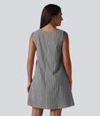 Robe débardeur mini décontractée col rond sans manches en vichy froissé avec poches