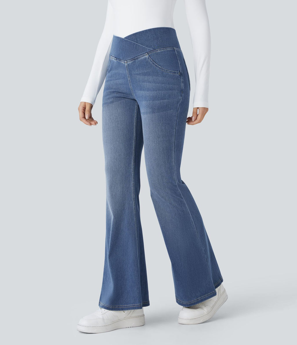 Halara Flex™ Jean Évasé à Taille Haute avec Poche Crossover Tissu Élastique Lavé