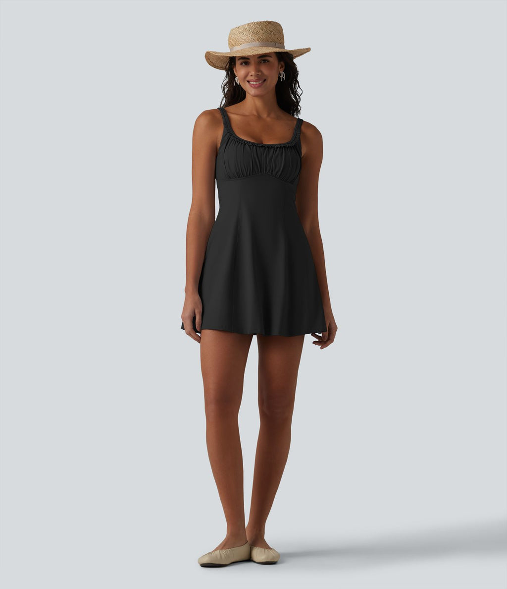 Robe mini casual sans manches à col U, volants, fronces et soutien-gorge intégré avec poches
