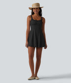 Robe mini casual sans manches à col U, volants, fronces et soutien-gorge intégré avec poches