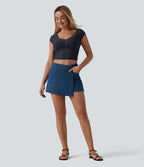 T-shirt casual court col cœur manches courtes en dentelle