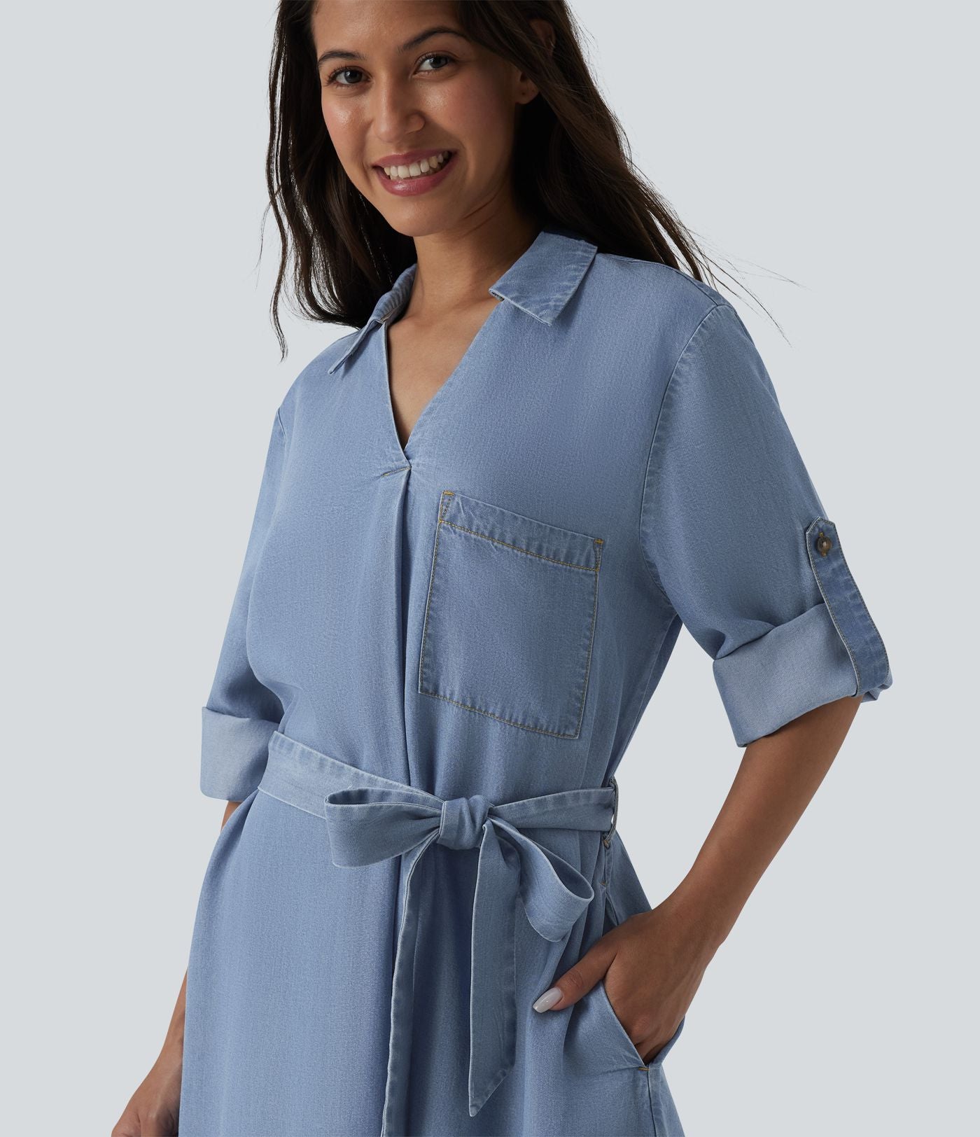 Robe courte casual denim en lyocell col V manches longues avec nœud devant et poches