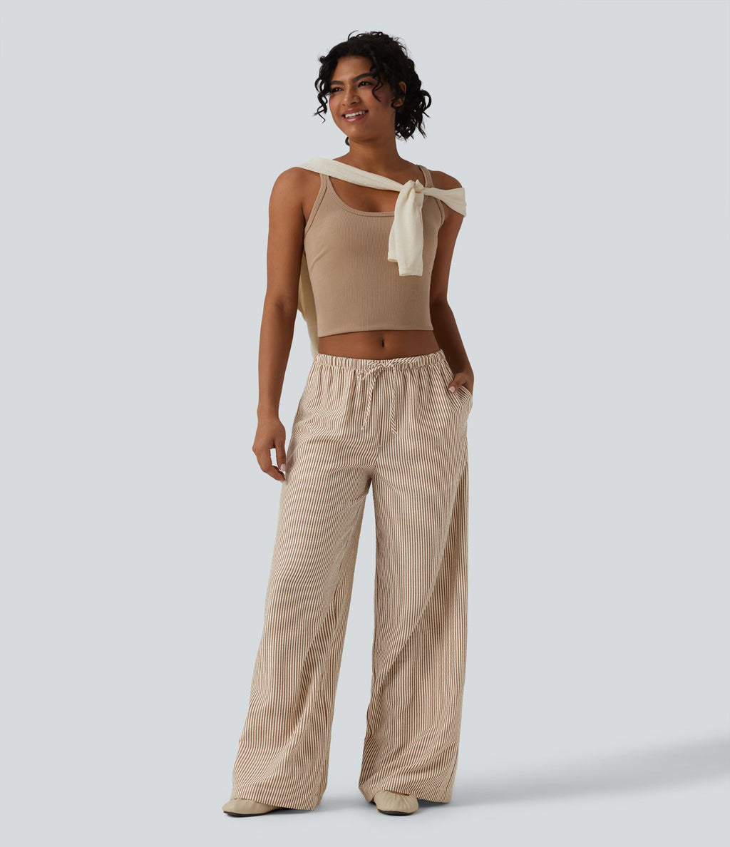 Pantalon large casual taille basse aspect lin rayures avec cordon de serrage et poches