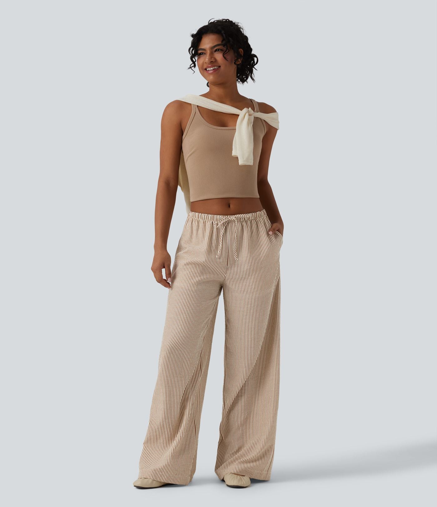 Pantalon large casual taille basse aspect lin rayures avec cordon de serrage et poches