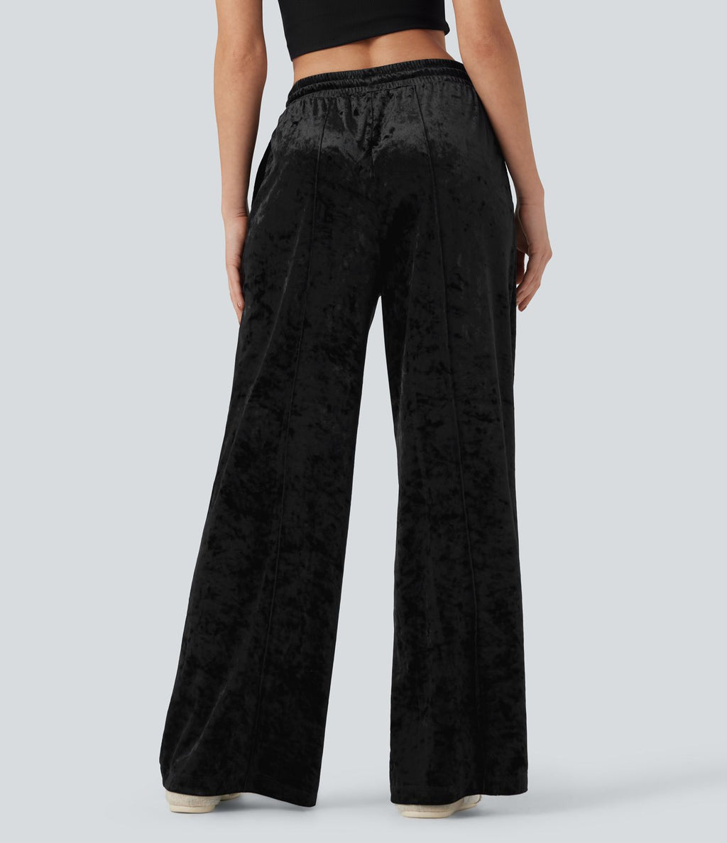 Pantalon décontracté velours jambe large taille mi-haute avec cordon de serrage et poches