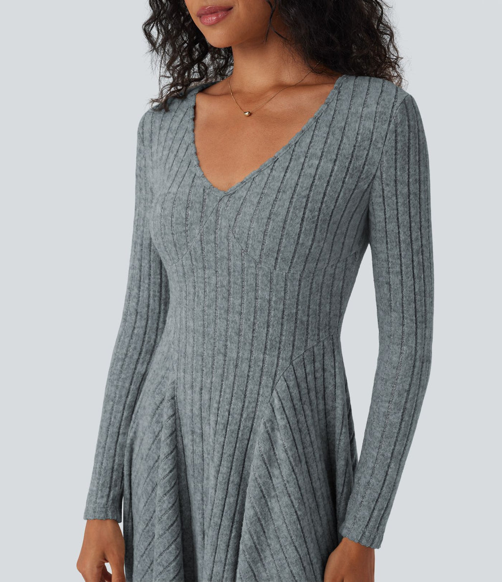 Robe décontractée mini évasée maille côtelée col V manches longues