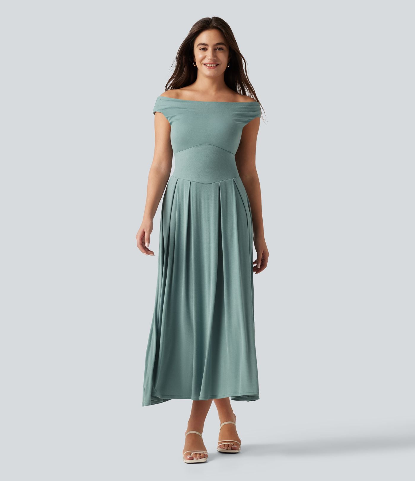 Robe midi casual fluide côtelée gainante à épaules dénudées