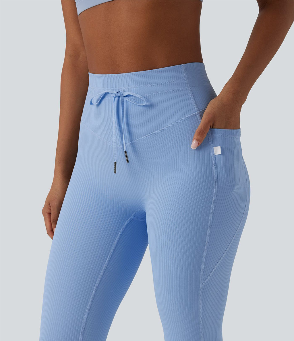 Legging de sport maille côtelée gainant à séchage rapide taille haute avec cordon de serrage et poches - UPF50+