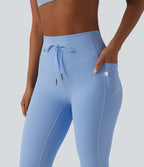 Legging de sport maille côtelée gainant à séchage rapide taille haute avec cordon de serrage et poches - UPF50+