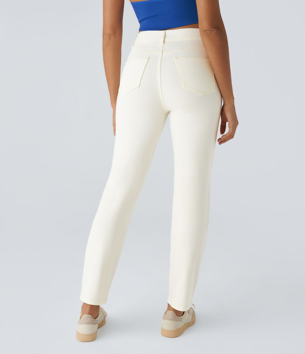 Jean droit Halara Flex™ à taille haute, poches multiples, effet délavé et tissu extensible