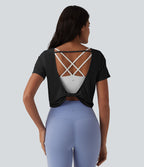 Haut de sport yoga col bateau manches courtes effet frais InstantCool dos ouvert, protection solaire UPF50+
