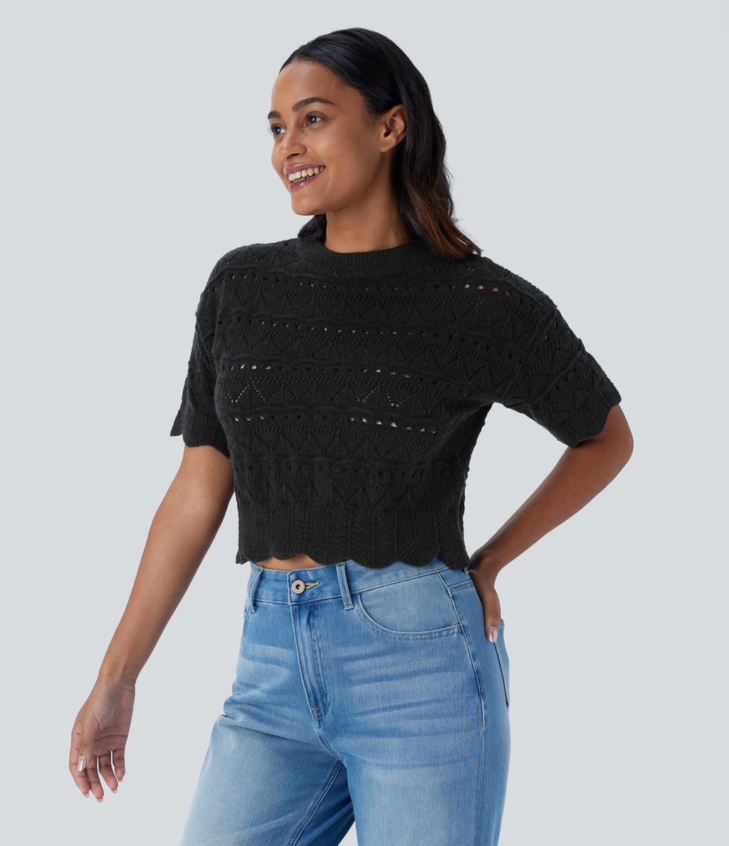 Pull décontracté en maille ajourée à col rond, manches courtes et bordure festonnée