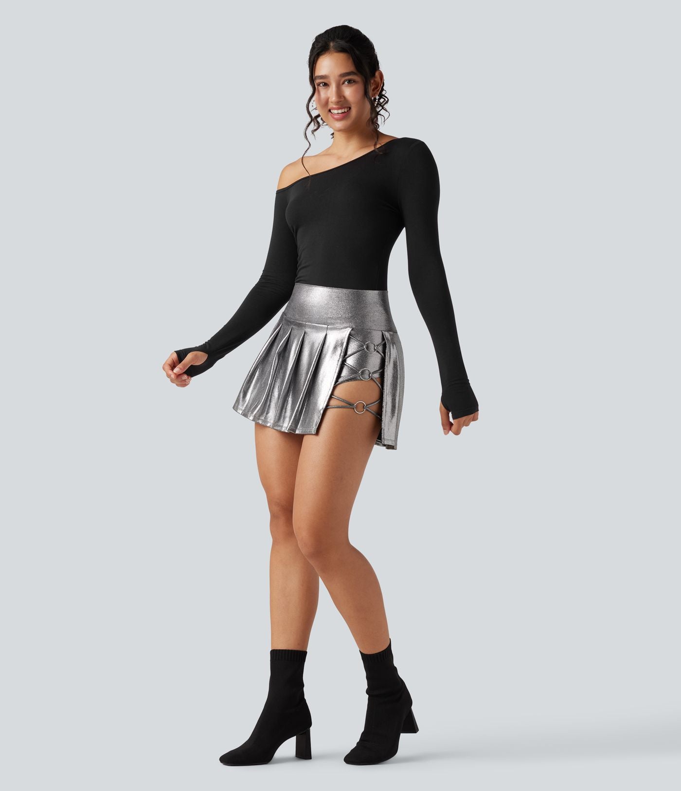 Mini-jupe 2-en-1 taille haute SoftlyZero™ en simili, plissée, effet sparkle métallisé, extensible, avec poches