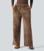 Pantalon coupe droite teddy taille mi-haute avec cordon de serrage et poches