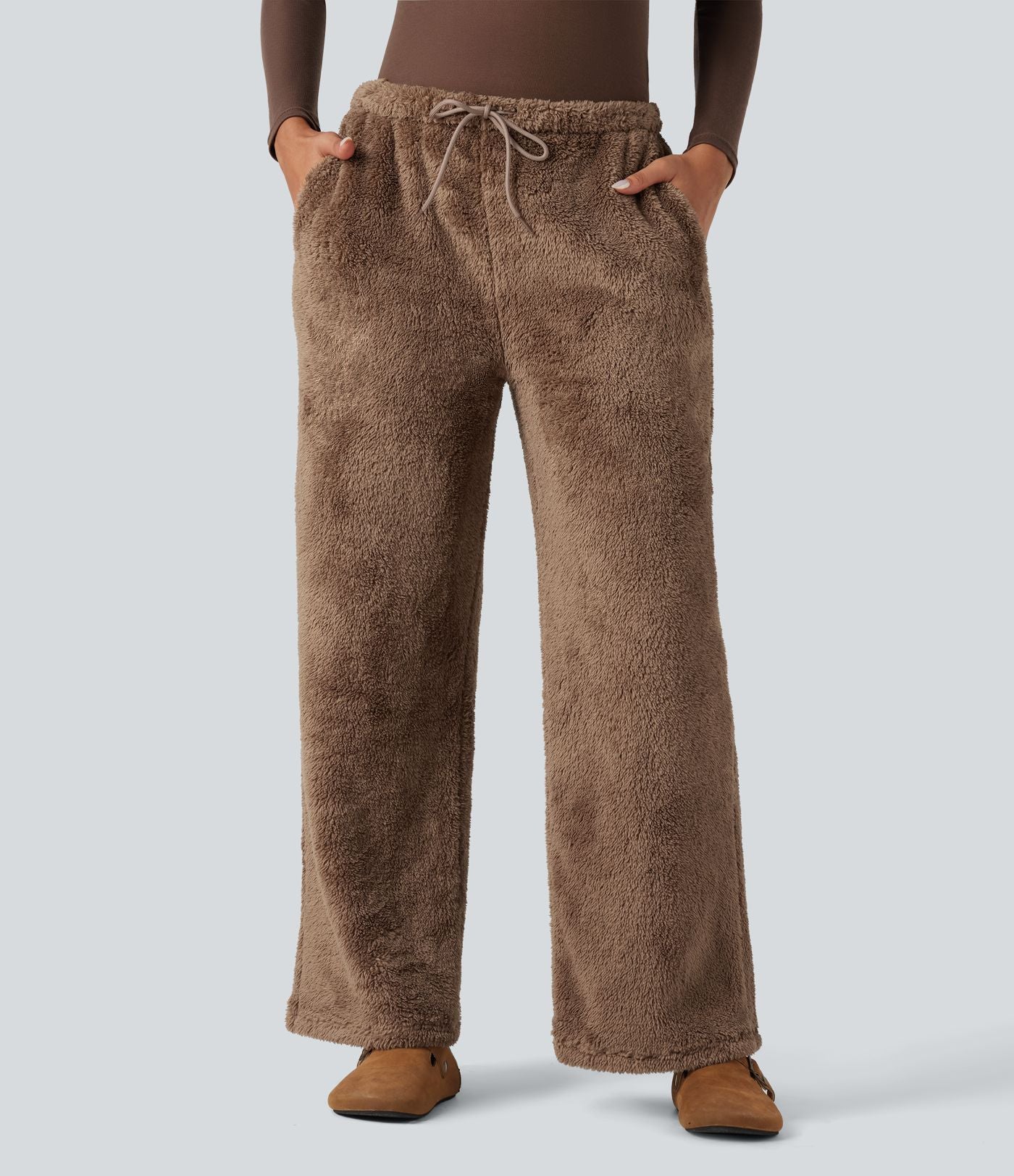 Pantalon coupe droite teddy taille mi-haute avec cordon de serrage et poches