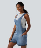 Salopette en jean Halara Flex™ col V délavée décontractée à ourlet roulotté avec poches