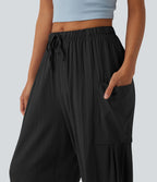 Pantalon court décontracté taille haute avec cordon de serrage, ourlet arrondi, effet lin et poches