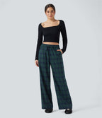 Pantalon baggy taille haute imprimé carreaux avec poches