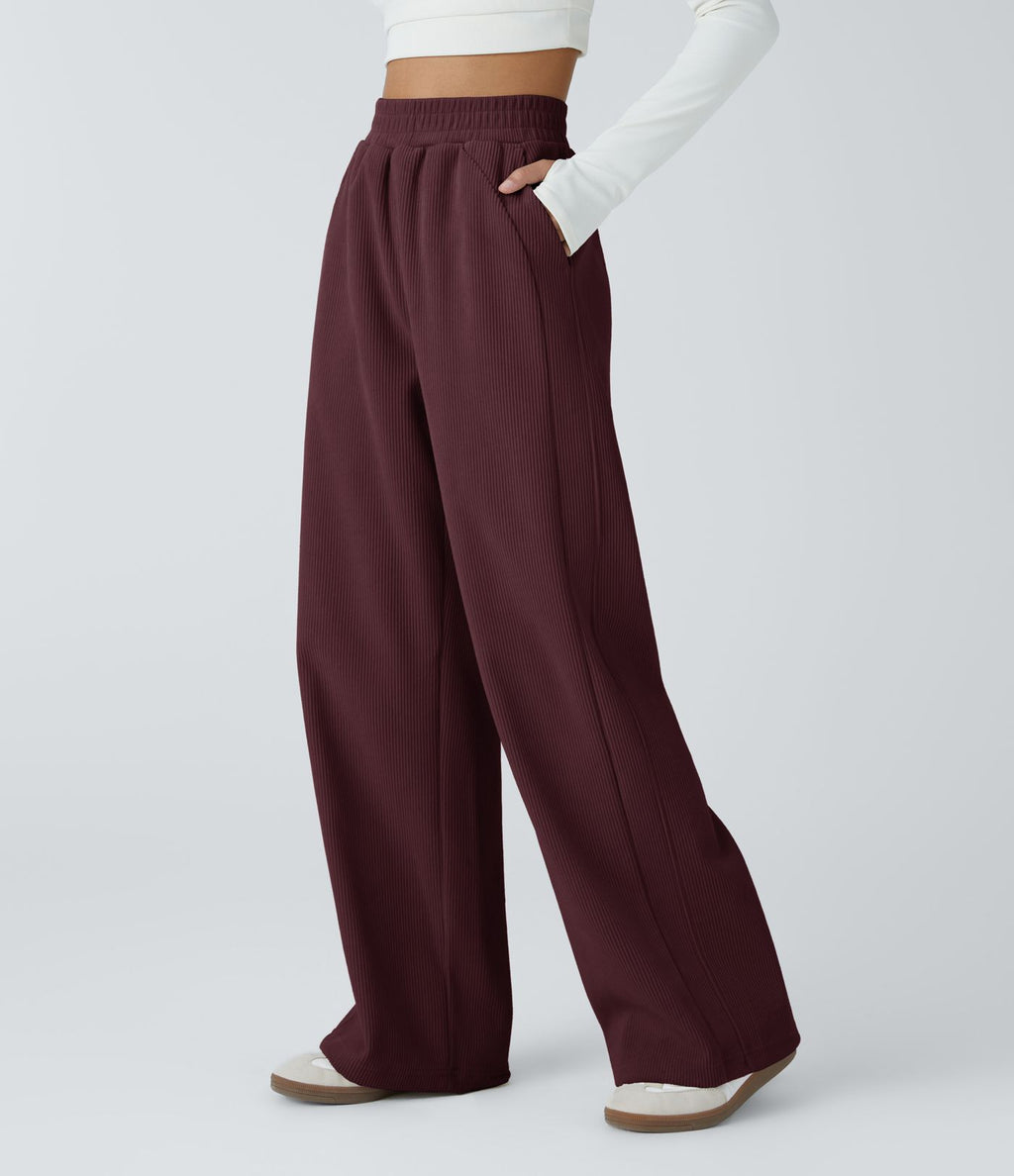 Pantalon velours côtelé de jogging décontracté à taille haute avec poches latérales